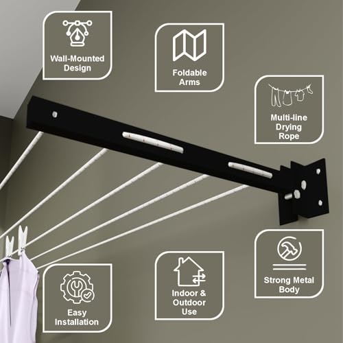 Image of SR Powder Coated Metal Clothes Drying Stand Wall Mounted /Cloth Dryer Stand /Clothes Hanger for Drying Clothes Foldable for Home Or Balcony with 40 Feet Rope and Fasteners Set