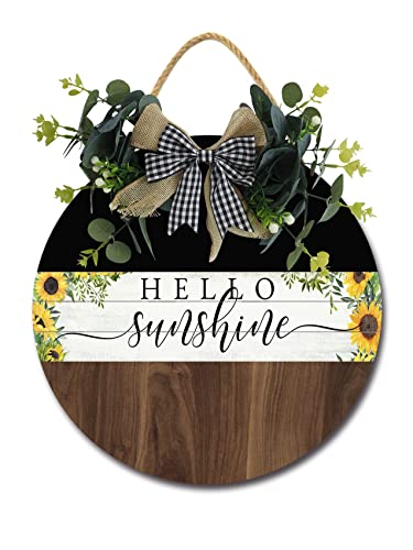 Hello Sunshine Front Door Sign Funny Wreaths Hanging Wooden Plaque Decoration Round Rustic Wood Farmhouse Porch Decor for Home Front Door Decor, 12 x 12 Inch