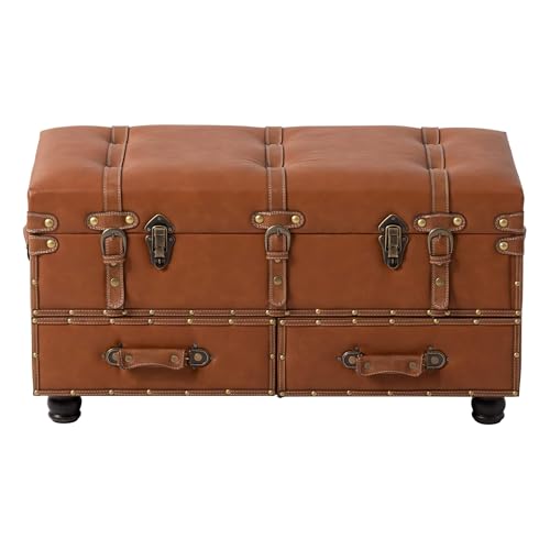 COZAYH Vintage Mid-Century Faux Leather Storage Ottoman Accent Bench -