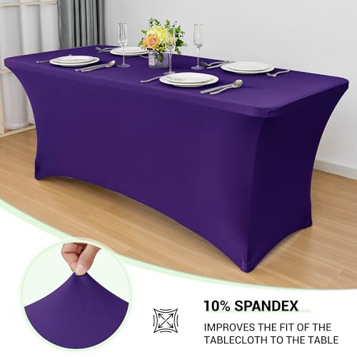 Image of Obstal 4Ft Stretch Spandex Table Cover for Standard Folding Tables - 2 Pack Universal Rectangular Fitted Tablecloth for Party, Banquet, Events, Trade Show (Dark Purple, 48L x 24W x 30H Inches)