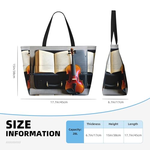 Violin And Book Large Beach Tote Bag Women Beach Tote Bag For Pool Gym Grocery Travel With Multiple Pocket4