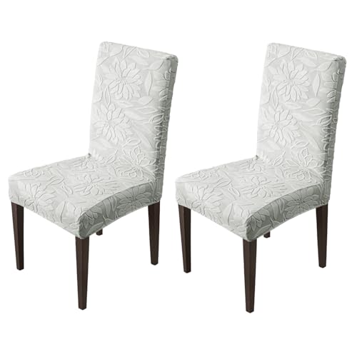 Image of House of Quirk Stretchy Universal Camellia Jacquard Waterproof Chair Cover Removable & Washable Short Dining Chair Cover Protector Seat Slipcover (Light Grey,Pack of 2)