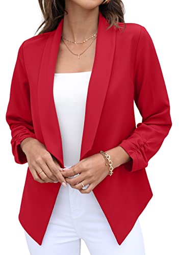 GRECERELLE Chaqueta tipo blazer para mujer, frente abierto, manga fruncida, casual, trabajo, oficina, chaqueta corta para mujer, 07 Rojo, 44 46