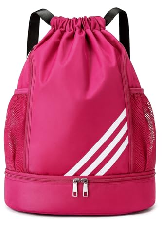 Mochila Esportiva com Cordão Impermeável, Separação Seca e Úmida, Grande Capacidade, Bolsos Laterais em Malha, Ideal para Academia, Viagem e Esportes – Com Listras (Rosa Pink)