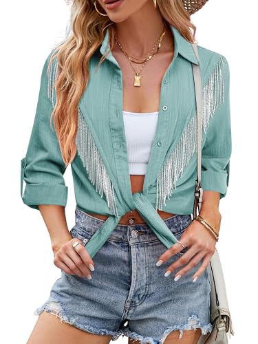 Image of MYMORE Womens Sparkly Fringe Shirt Western Cowgirl Country Concert Outfit