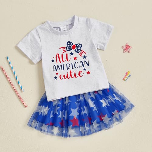 Image of Kayotuas Toddler Baby Girl 4th of July Outfit American Flag Shirt Red Blue Stars Tulle Tutu Skirts Kids Fourth of July Dress