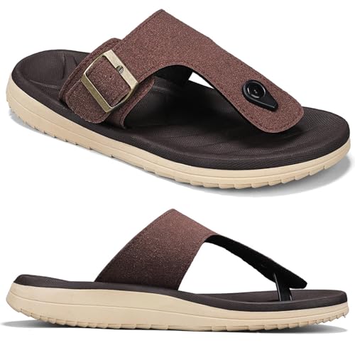 Mens Flip Flops Arch Support Sandals with Adjustable Buckle Straps Thick Athletic Cushion Sport Slides for Man Non-Slip Mens Beach Slipper Lightweight & Soft Comfort Fit
