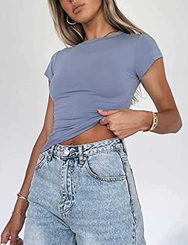 Safrisior Women Basic Round Neck Short Sleeve T-Shirt Solid Form Fit Workout Yoga Athletic Sports Tee Shirt Casual Top Blue #TOP3