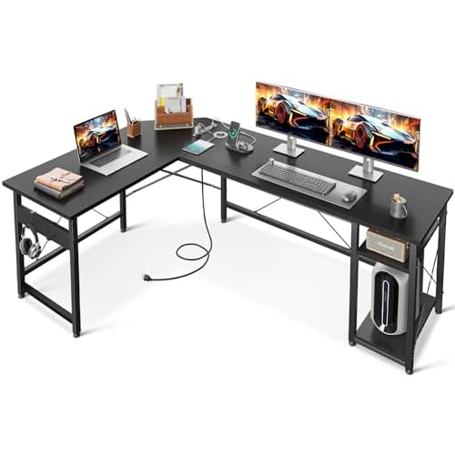 Coleshome L Shaped Computer Desk 66″ with Power Outlet & Storage Shelves, Corner Sturdy Writing Desk Workstation, Modern Wooden Office Gaming Desk, Wood & Metal, Black