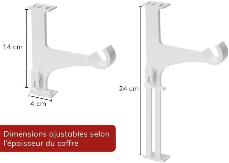 2 Supports Tringle à Rideaux Sans Perçage IRRADIO - Fixation Sur Coffre Volet, Blanc, Hauteur 14-24cm
