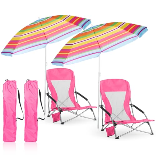 Huwena 2 Pack Beach Chair for Adult with 2 Umbrella Low Folding Chair Detachable Adjustable Lightweight with Armrests Cup Holder Carry Bag Portable for Sand Camping Travel Outdoor Pool (Rose Red)