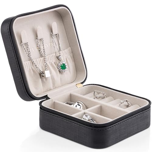 Vlando Small Faux Leather Travel Jewellery Box Organizer Display Storage Case for Rings Earrings Necklace without Mirror B.Necklace Black