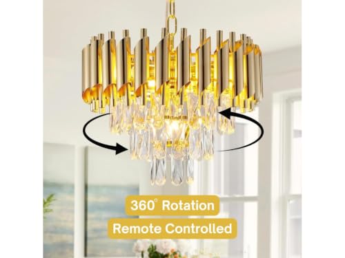 Image of Zingy Modern Gold Crystal Moving Chandelier, 300mm (30 Cm. (11.8 Inch) Round LED Pendant Light with Remote Control, Multicolour Changing,Luxury Contemporary Ceiling Light Fixture for Decoration A