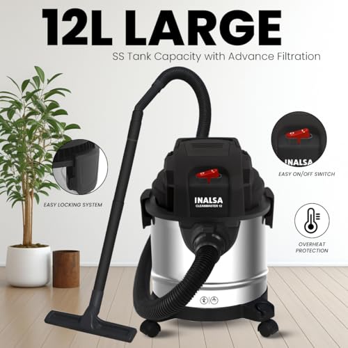Image of INALSA CleanMaster 12 Wet & Dry Vacuum Cleaner | 1200W High Power | 17 kPa Powerful Suction | 12L Stainless Steel Tank | Blower Function | Advanced Filtration | Overheat Protection | 1 Year Warranty