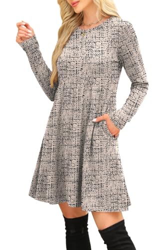 Image of OFEEFAN Long Sleeve Dress for Women Crew Neck Empire Waist Tunic Dress with Pockets