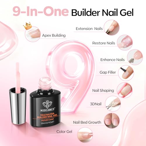 Image of modelones Builder Nail Gel,No Top Coat Needed Builder for Nails Cover Nude, C-Curve Sculpting, Glossy Jelly Finish Nude Pink, No-Wipe, 9-in-One LED Lamp Cured Color Gel Polish for Quick Diy Salon