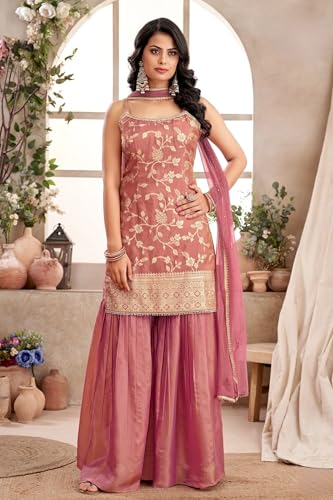Image of Xomantic Fashion Womens Purple Color Banarasi Silk Kurta Sharara Set