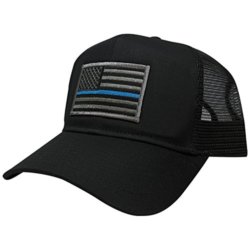 AC Racing USA American Flag Patch Snapback Trucker Mesh Cap - Black (One Size, Thin Blue Line)