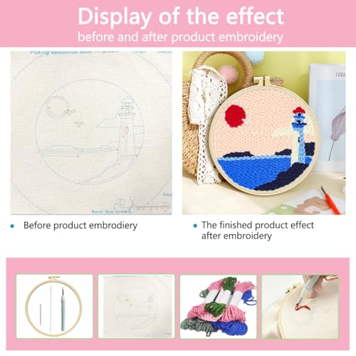 Image of Zhenqing Lighthouse Punch Needle Kit - 29x29cm Embroidery with 20cm Hoop, Coarse Cotton Thread & Tools for Beginners(Z95115C)
