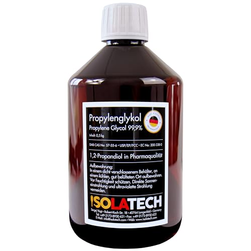 ISOLATECH Propylenglykol 0,5L (500ml) 99,9% Pharmaqualität | Für Lebensmittel & Kosmetik | Farblos, Geruchlos | 1,2 Propandiol | Hergestellt in Deutschland