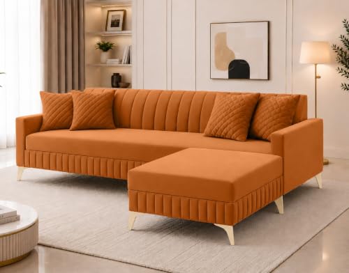 Image of AMATA Falcon 4 Seater L Shape Suede Velvet Fabric Orange Colour Sofa Set with Two Cushions Perfect for Home Office Guests Living Room (Falcon Orange, Falcon 4 Seater l Shape)(3 Year Warranty)