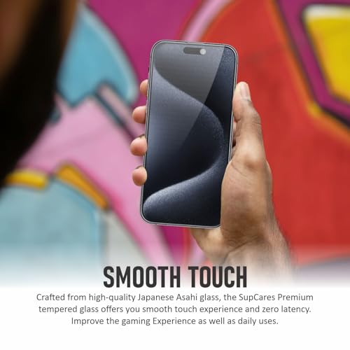 Image of SupCares Privacy Tempered Glass for iPhone 15 Pro (6.1 Inch) With Installation Kit | Military-Grade Gorilla Screen Protector | Edge to Edge Coverage | Black