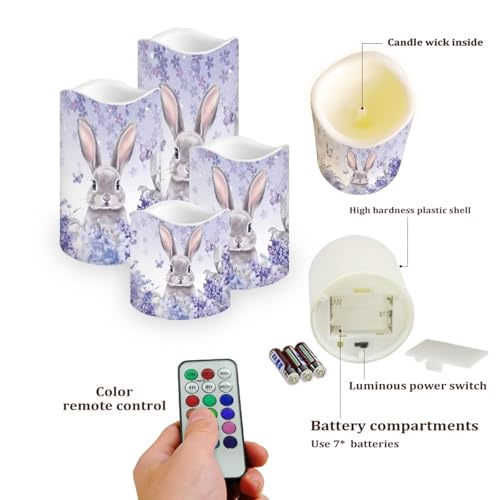 Image of Easter Bunny Purple Floral Plastic Flameless Candles with Remote Control and Timer LED Flickering Battery Electric Pillar Candles for Table Easter Decoration