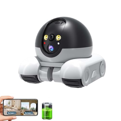 Movable 2MP+2MP Dual Lens Dual Screen Pet Robot 2.4 GHz WiFi Smart Home Security Camera P 360°/T 90° Rotation Monitoring Phone App 2 Way Audio Motion Detection Alerts Night Vision Cat Dog Camera