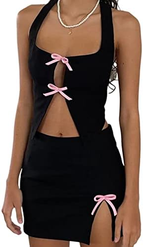 Women Y2k Sexy 2 Piece Skirt Sets Tie Front Sleeveless Scoop Neck Crop Top+Slit Bodycon Mini Skirt Party Club Outfits Black