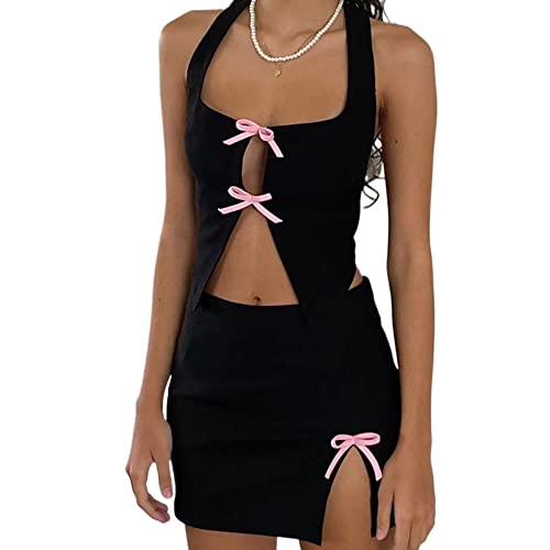 Women Y2K Sexy 2 Piece Skirt Sets Tie Front Sleeveless Scoop Neck Crop Top+Slit Bodycon Mini Skirt Party Club Outfits Black #TOP25