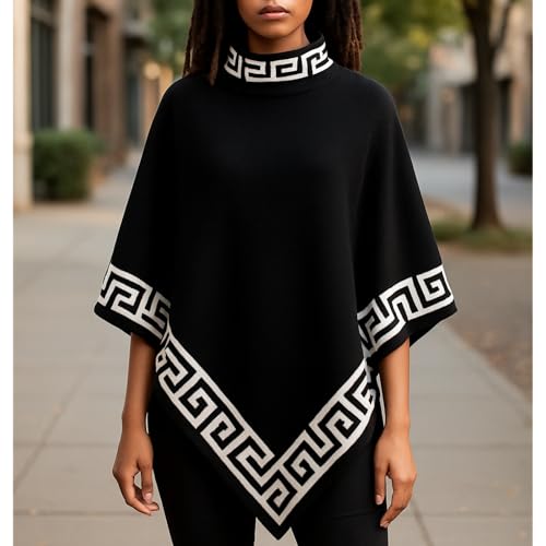 Women's Greek Key Pattern Poncho, High Neck, Asymmetric Hem, Geometric Pattern, Wester Style Knitted Sweater3