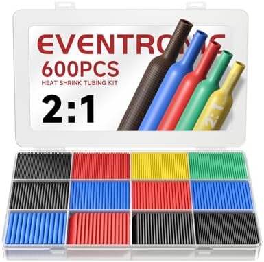 Eventronic 600PCS Heat Shrink Tubing 2:1, Electrical Wire Cable Wrap Assortment Electric Insulation Heat Shrink Tube Kit with Box(5 colors/12 Sizes), Black, Red, Blue, Yellow, Green
