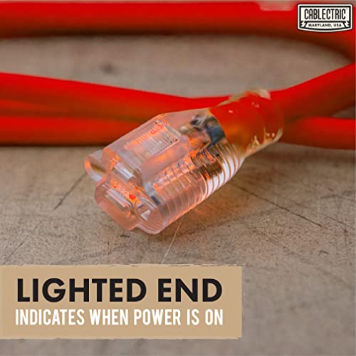 Cablectric Outdoor Extension Cord 25 Ft, 12/3 Sjtw Heavy Duty Extension Cord With 3 Prong Lighted End, Weatherproof Electrical Cable, 12 Awg Red, Contractor Grade, Proudly American Brand #TOP5