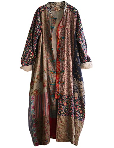 Women's Trench Coat Cotton Linen Floral Print Jacket Chinese Style Patchwork Outwear