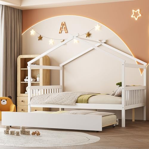 Image of Full Size Creativity House Bed with Roof Frame and Twin Size Trundle, Montessori Wooden Platform Bed with Sturdy Slats Support for Kids Teens Girls Boys, No Box Spring Needed (White-02, Full)