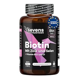 Biotin hochdosiert 10.000 mcg – Biotin Zink Selen B12 – Tabletten für Haarwuchs, Haut & Nägel, 365 Tabletten für 1 Jahr, Nahrungsergänzung ohne Zusatzstoffe – Sevens