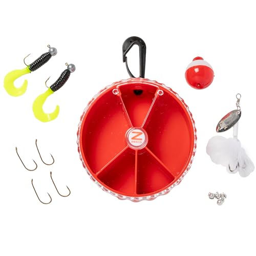 Zebco Pond Fishing Tackle Dial Pack, 14 Total Pieces, Hooks, Sinkers, Bobber, Jig Heads, Inline Spinner, Paddle Tail Grubs, 360-Degree Rotating Carabiner, Rotating Locking Clear Plastic Lid, Red