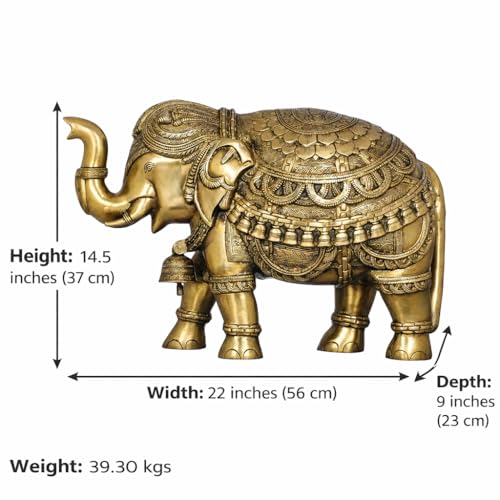 Image of Majestic Pair of Ornate Brass Elephants | Traditional Pure Brass Large Elephant Statue Set | Royal Decorative Showpiece for Home Entrance Lobby Decor | Height 14.5 Inches