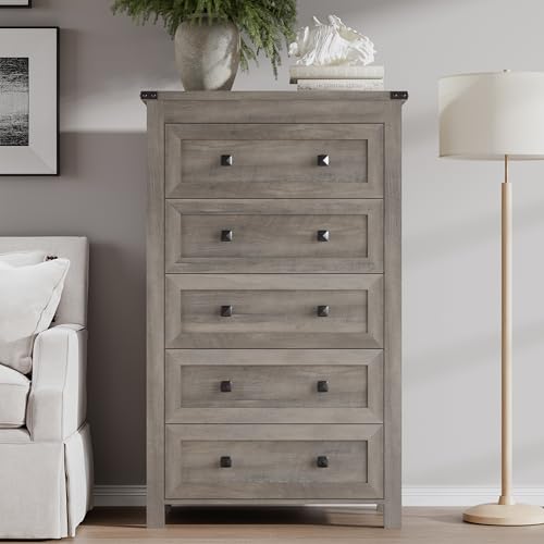 Image of BORNOON Tall 5-Drawer Dresser, Modern Wooden Storage Chest of Drawers, Dresser TV Stand, Wood Drawer Organizer with Metal Handles for Bedroom, Living Room, Hallway