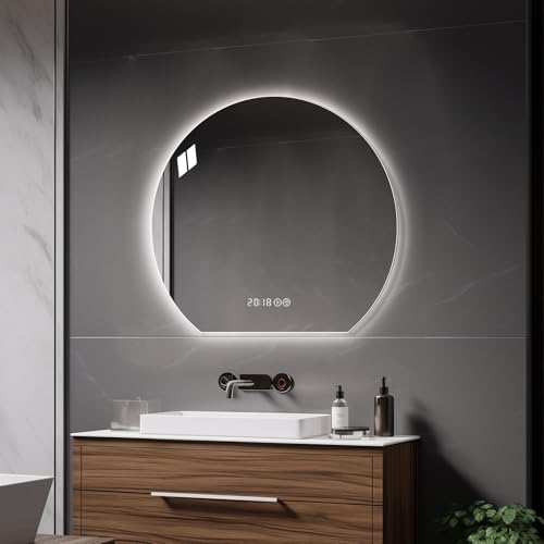 Espejo redondo LED para baño de 80×72 cm con luz - Espejo de tocador para montar en la pared, diseño antivaho, iluminación regulable y con 3 temperaturas de color,espejo de maquillaje para dormitorio