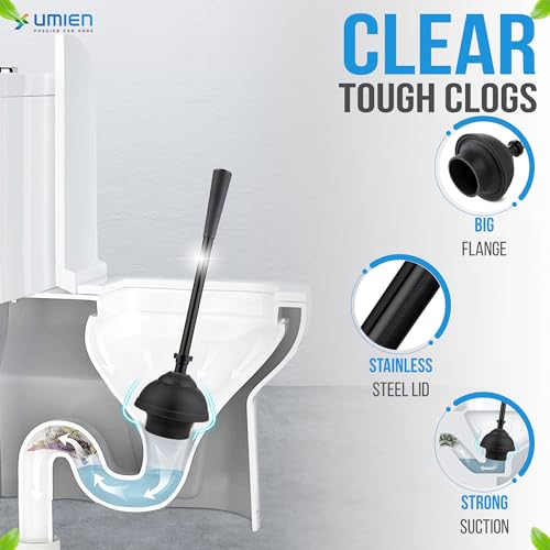 Image of UMIEN Toilet Brush and Plunger Set 18-in - Updated 2025 No-Rust - Stainless Steel Design - Long Handles - with Freestanding Canister (Matte Black)