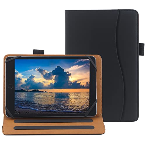 6 7 8 Inch Universal Tablet Case Folio Leather Stand Shell Case with Adjustable Angle Band and Pouch for Documents Cards and Pen Holder (Black)