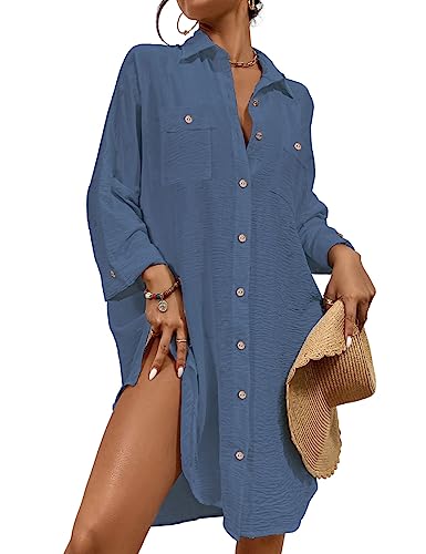Image of Bsubsach Button Down Swimsuit for Women Sweatshirt Dress with Ruffled Sleeves Beach Shirt