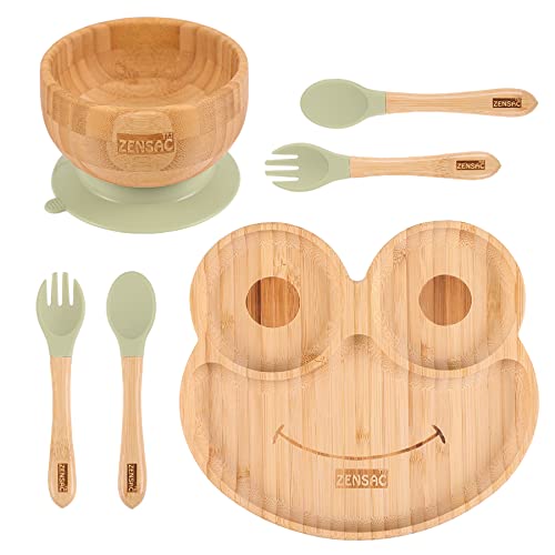 Image of 6PCS Bamboo Baby Feeding Set, Baby Suction Bowl & Plate with Silicone Spoons & Forks, Wooden Feeding Supplies for Infant & Toddlers, Baby Led Weaning Supplies Non Slip & BPA Free (Green-Frog)