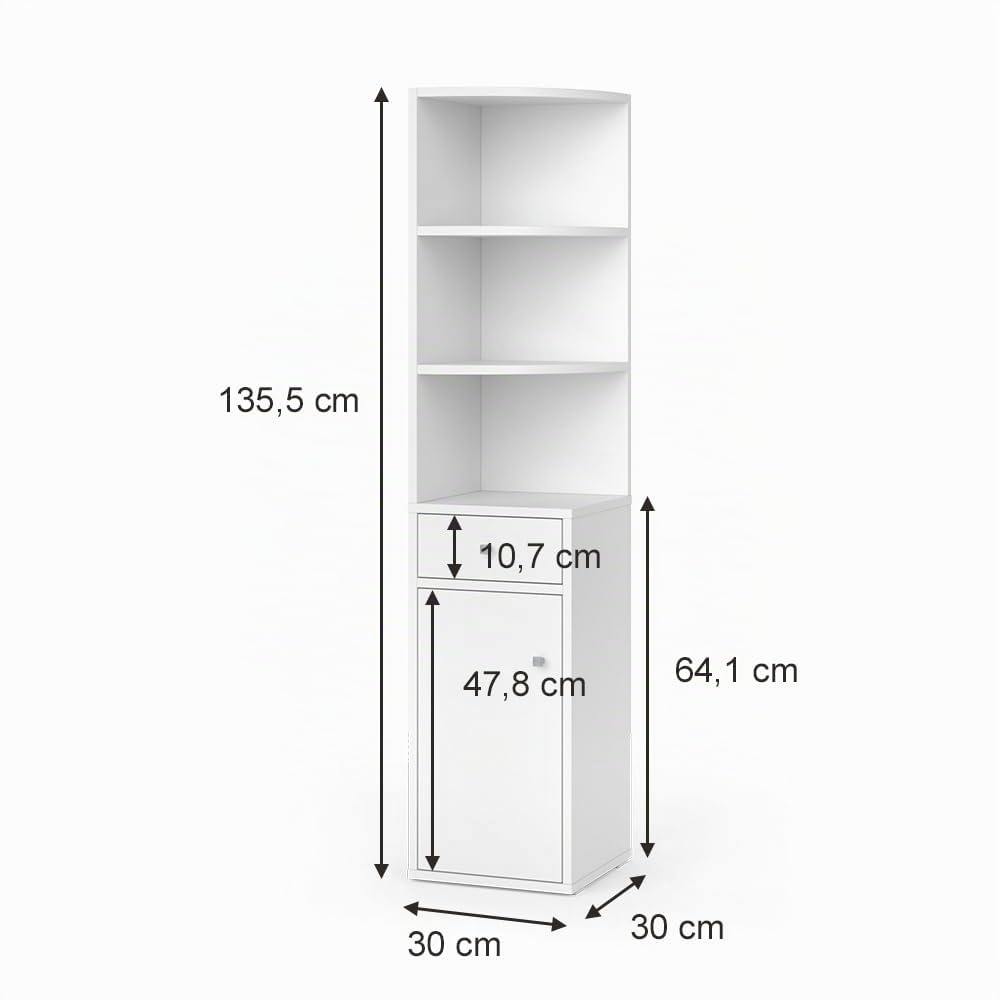 Vicco Scaffale d'angolo Larry, Bianco, 30 x 135.5 cm con anta e cassetto, per riporre libri e decorazioni negli angoli