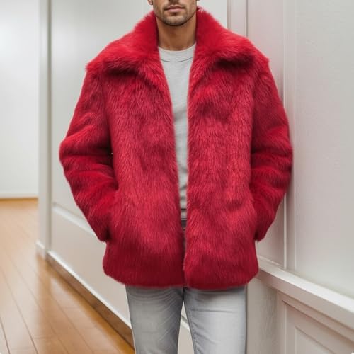 Image of Colf Men's Winter Parka Coat Lapel Faux Fur Jacket | Mens Faux Fur Coat, Long Sleeve, Fluffy Overcoat, Winter Jacket