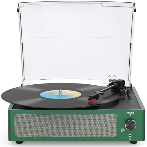 WOCKODER Vinyl Record Players Turntable with Speakers Wireless Receiver 3 Speed RPM LP Phonograph Belt-Driven Headphone AUX RCA Auto Stop All-in-one Turn Table for Beginners Collectors Grass Green