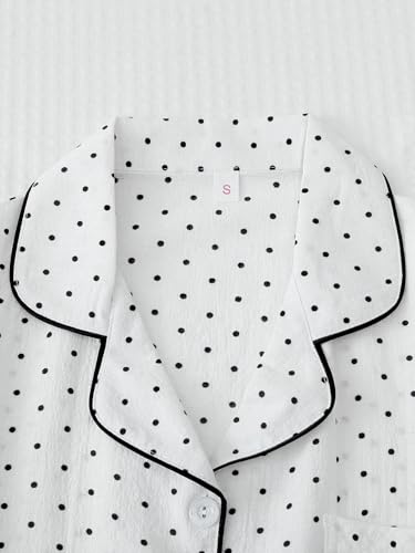 Image of Remidoo Women's Polka Dot Pj Set Short Sleeve 2 Piece Button Up Pajamas Sleepwear White Medium