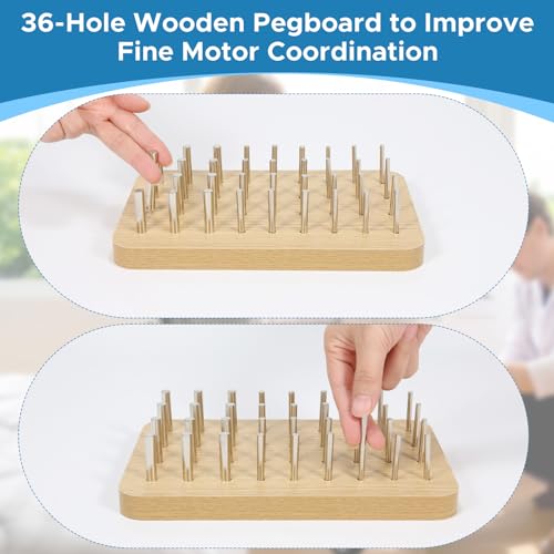OLVULGG 36-Hole Wooden Pegboard for Occupational Therapy, Hand Therapy Peg Board with 3 Sizes of Round Iron Pegs to Improve Finger Dexterity, Fine Motor Coordination & Sensory Rehabilitation - Image 5
