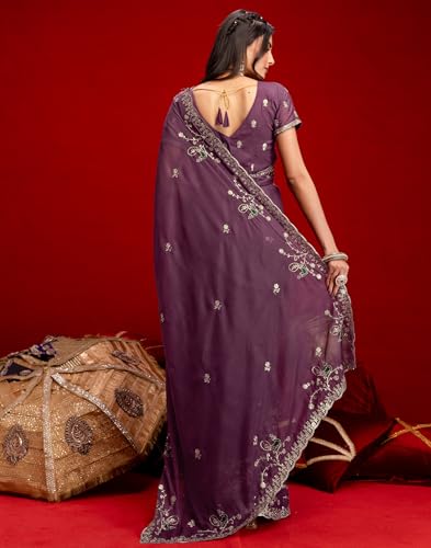 Image of SIRIL Women's Georgette Embroidery Saree With Unstitched Blouse